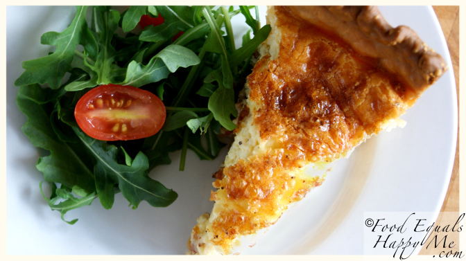Golden bacon cheese caramelised onion quiche with flaky pastry crust