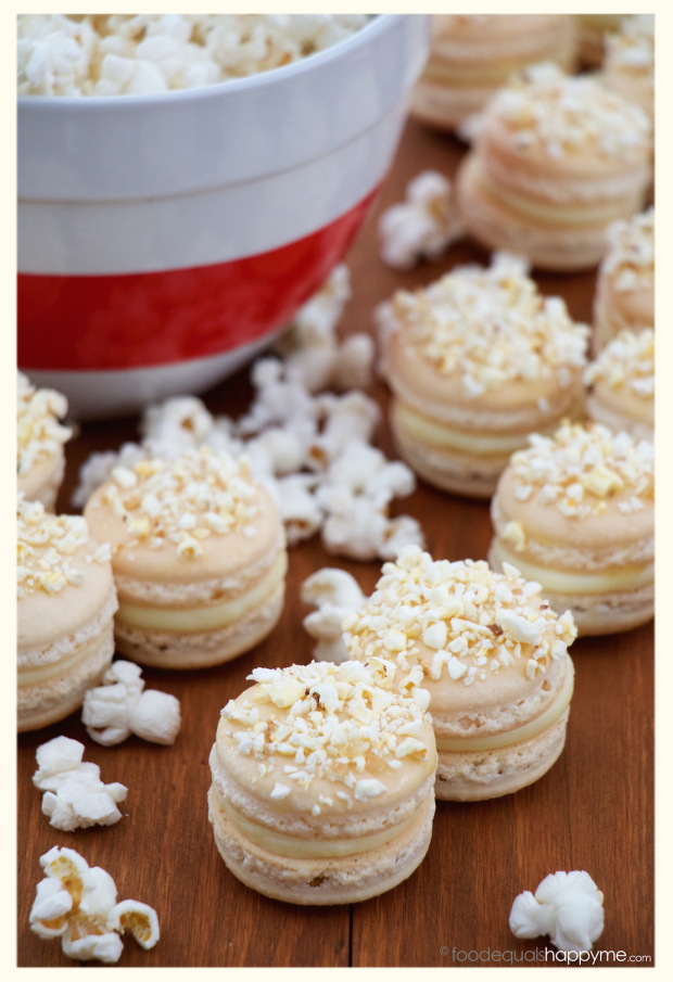 White chocolate filled macarons with a salted popcorn topping